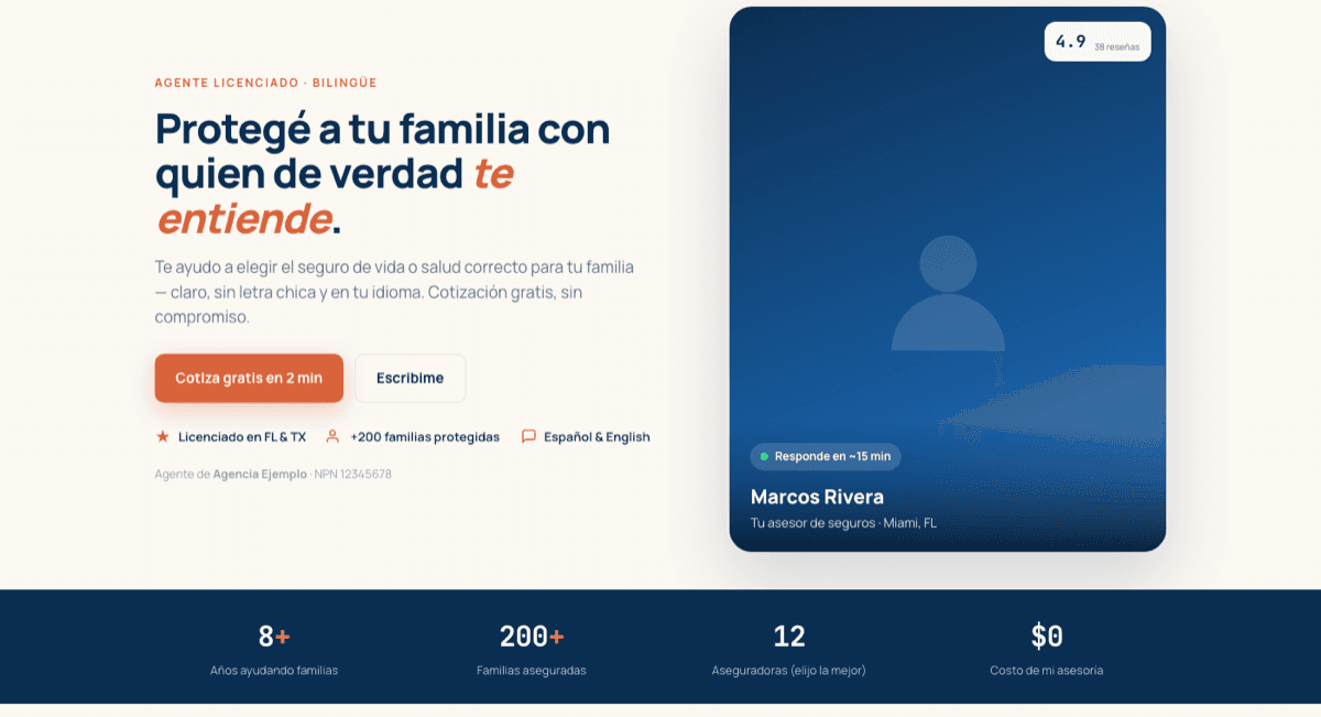 La landing pública de un agente con su presentación, sus datos de licencia y su formulario de contacto