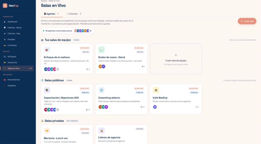 Salas en vivo: salas de equipo, públicas y privadas para trabajar acompañado
