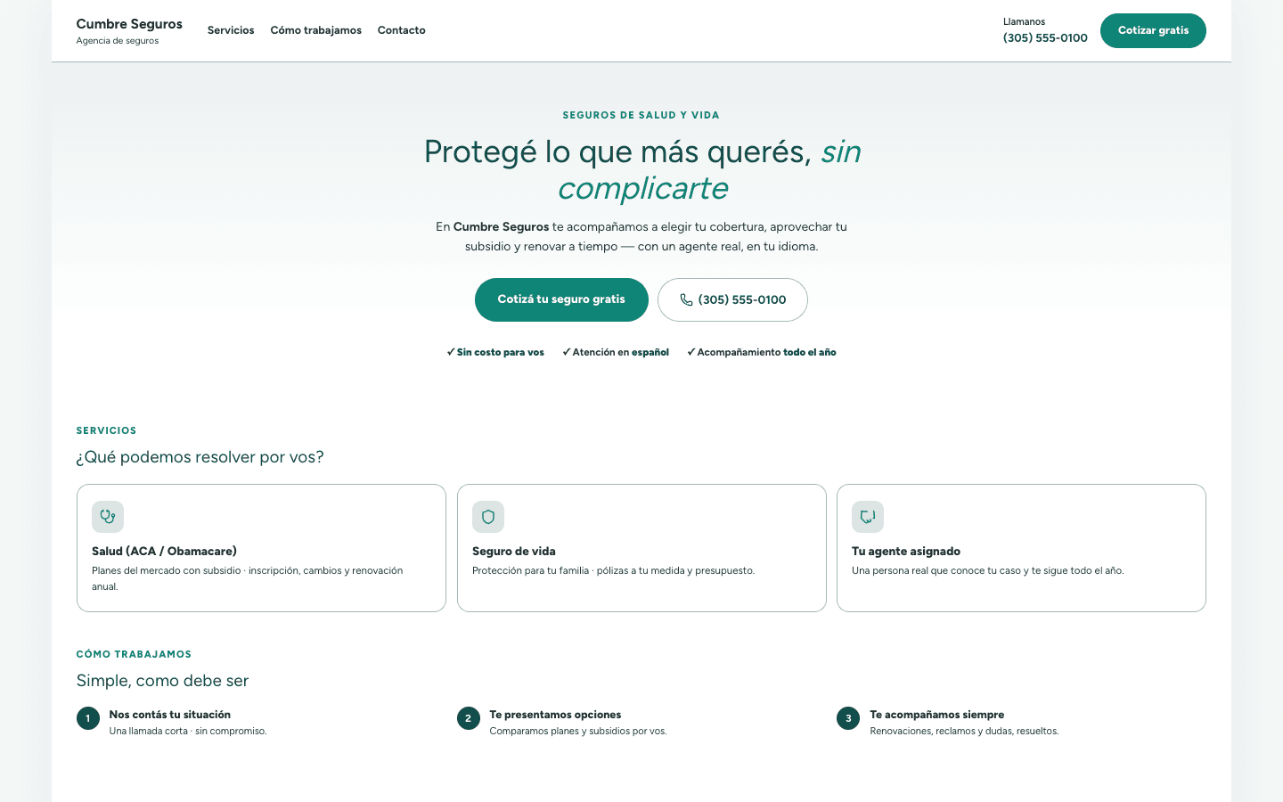 El sitio público de Cumbre Seguros: tipografía Figtree, acento teal