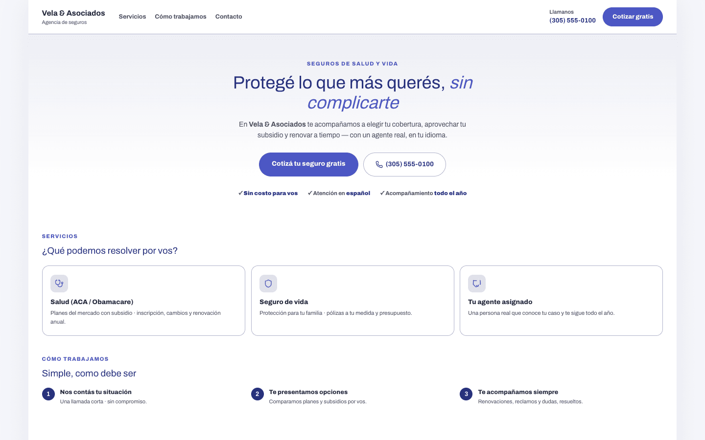 El mismo sitio con la marca de Vela & Asociados: tipografía Archivo, acento índigo